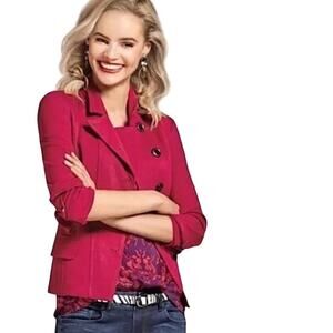 Cabi #3175 Women's Red Ponte Knit Long Sleeve Asymmetric Button Up Blazer Size 8